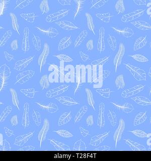 Blanc différentes plumes exotiques sur bleu, motif transparent Illustration de Vecteur