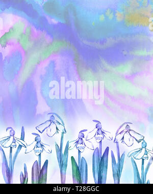Perce-neige blanc fleurs sur fond abstrait coloré en bleu, les éclaboussures de couleurs verte, peinte à l'aquarelle, illustration des cartes de vœux Banque D'Images