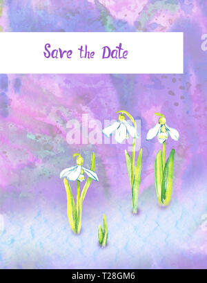 Perce-neige blanc fleurs sur fond abstrait coloré en bleu, les éclaboussures de couleurs rose, save the date inscription isolated on white, salut ca Banque D'Images