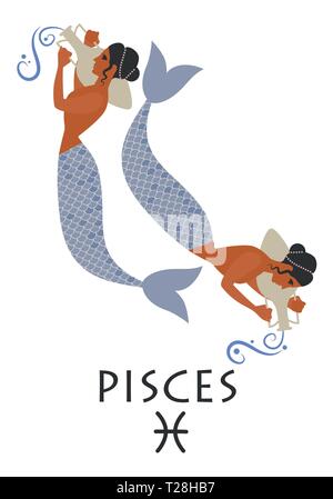 Zodiac dans le style de l'ancienne Grèce. Le poissons. Deux filles avec des queues de poisson, l'exécution d'amphores grecques sur leurs épaules. Les sirènes. Isolé sur zone blanche Illustration de Vecteur