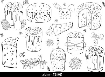 Jeu de noir et blanc gâteaux de Pâques et les oeufs isolé sur fond blanc. Heureux Vacances de Pâques Illustration de Vecteur