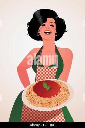 Belle cuisine italienne spaghetti bolognese montrant la plaque. Elle porte robe vert et rouge à carreaux tablier. Illustration de Vecteur