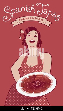 Belle Espagnole cook montrant une assiette de jambon ibérique. Elle porte une robe à pois ou tablier et une fleur dans ses cheveux. Illustration de Vecteur