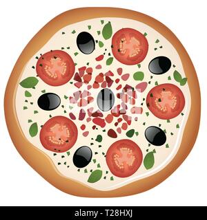 Pizza à la mozzarella, tomates et olives noires avec du jambon, de l'origan et le basilic. Isolé sur fond blanc. Illustration de Vecteur