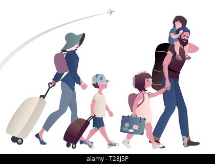 Famille voyageant avec des valises et sacs à dos et isolé sur fond avion Illustration de Vecteur