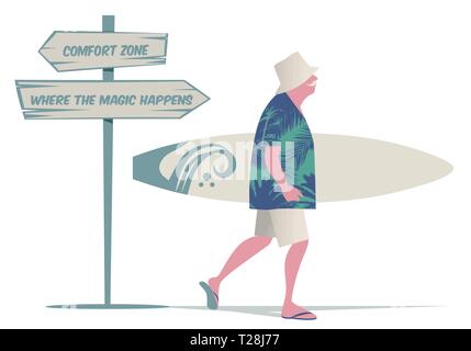 Man hat, tropical shirt et bermuda, marche avec un surf. Panneau en bois avec un message de motivation. Isolé sur zone blanche Illustration de Vecteur