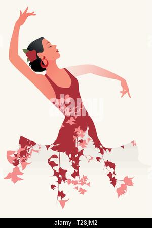 Belle danseuse de flamenco espagnol portant et robe à fleurs flower in her hair Illustration de Vecteur