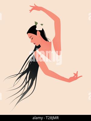 Belle danseuse de flamenco espagnol portant une fleur dans sa longue crinière Illustration de Vecteur