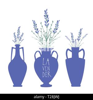 Bouquets de lavande dans trois types de vases de style méditerranéen ancien. Texte à la main. Illustration de Vecteur