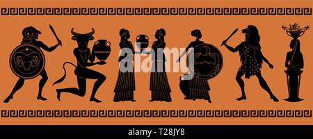 Les six premiers signes du zodiaque comme des mythes de la Grèce antique en bordure décorative : Bélier, Taureau, Gémeaux, Cancer, Lion, Vierge Illustration de Vecteur