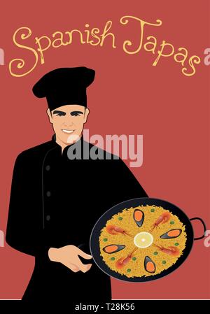 Des tapas espagnols. Beau chef espagnol portant un chapeau cuisine tenant une poêle avec la Paella espagnole typique. Texte manuscrit. Illustration de Vecteur