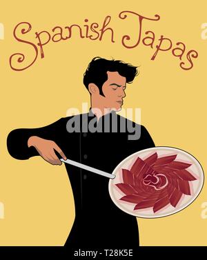 Des tapas espagnols. Beau chef espagnol tenant un couteau et montrant un délicieux plat de jambon ibérique. Illustration de Vecteur