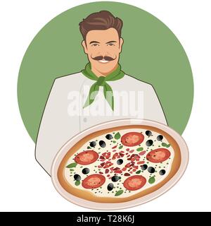 Smiling mustachioed cook avec un bandana autour du cou d'une sauce béchamel avec de la mozzarella, tomates et olives Illustration de Vecteur