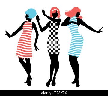 Silhouettes élégantes de trois filles portant des vêtements des années 60 style danse 60 isolé sur fond blanc Illustration de Vecteur