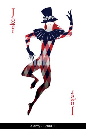 Jeu de cartes joker, avec top hat décorées de fleurs, masque et rhombus costume, dancing isolé sur fond blanc Illustration de Vecteur