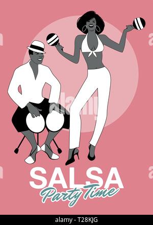 Salsa Party Time. Jeune homme jouant bongos et belle femme et danser les maracas Illustration de Vecteur