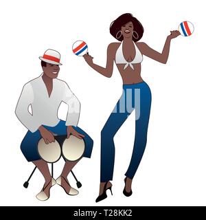 Salsa Party Time. Jeune homme jouant bongos et belle femme et danser les maracas Illustration de Vecteur