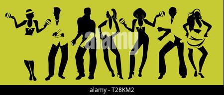 Salsa Party Time. Groupe de trois hommes et quatre femmes danser la musique latine. Deux jeunes filles, jouant des maracas et l'homme jouant les Claves. Illustration de Vecteur