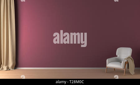 Mur rouge blanc dans la salle de séjour avec la maquette de l'intérieur, revêtement de chaise blanche et Rideau. 3D render Banque D'Images