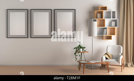 Mur Blanc avec trois affiches verticales dans la salle de séjour avec la maquette de l'intérieur blanc, chaise, lampe, table basse, étagère, d'usine, rideau. R 3d Banque D'Images