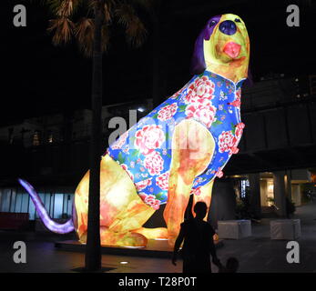 Sydney, Australie - Feb 7, 2019. Plus grand que nature lanternes en forme de chien. Les animaux du zodiaque chinois à Circular Quay célébrant le lunaire chinois Banque D'Images