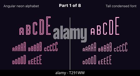 Néon rose condensée font, anguleux. Polices vectorielles décrites et rempli de styles, partie 1 de 8. Alphabet majuscule au néon avec des lettres, numbe Illustration de Vecteur
