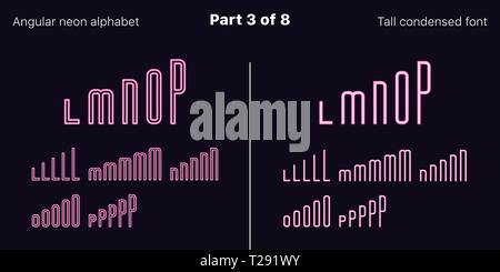 Néon rose condensée font, anguleux. Polices vectorielles décrites et rempli de styles, partie 3 de 8. Alphabet majuscule au néon avec des lettres, numbe Illustration de Vecteur