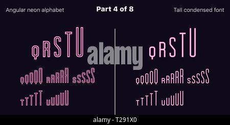 Néon rose condensée font, anguleux. Polices vectorielles décrites et rempli de styles, partie 4 de 8. Alphabet majuscule au néon avec des lettres, numbe Illustration de Vecteur