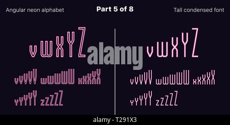 Néon rose condensée font, anguleux. Polices vectorielles décrites et rempli de styles, partie 5 de 8. Alphabet majuscule au néon avec des lettres, numbe Illustration de Vecteur