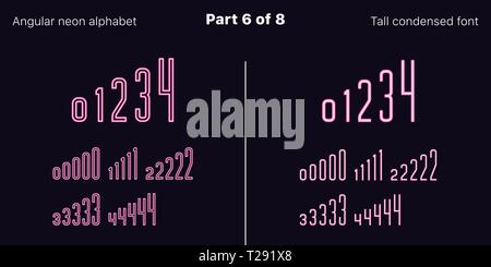 Néon rose condensée font, anguleux. Polices vectorielles décrites et rempli de styles, partie 6 de 8. Alphabet majuscule au néon avec des lettres, numbe Illustration de Vecteur