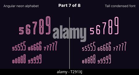 Néon rose condensée font, anguleux. Polices vectorielles décrites et rempli de styles, partie 7 de 8. Alphabet majuscule au néon avec des lettres, numbe Illustration de Vecteur