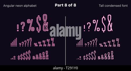 Néon rose condensée font, anguleux. Polices vectorielles décrites et rempli de styles, de la partie 8 de 8. Alphabet majuscule au néon avec des lettres, numbe Illustration de Vecteur