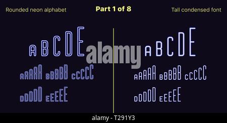 Néon bleu condensée font, arrondies. Polices vectorielles décrites et rempli de styles, partie 1 de 8. Alphabet majuscule au néon avec des lettres, numbe Illustration de Vecteur