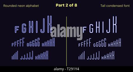 Néon bleu condensée font, arrondies. Polices vectorielles décrites et rempli de styles, partie 2 de 8. Alphabet majuscule au néon avec des lettres, numbe Illustration de Vecteur