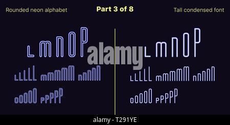 Néon bleu condensée font, arrondies. Polices vectorielles décrites et rempli de styles, partie 3 de 8. Alphabet majuscule au néon avec des lettres, numbe Illustration de Vecteur
