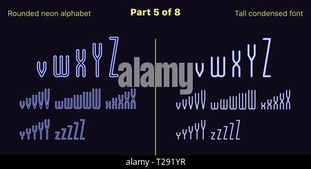 Néon bleu condensée font, arrondies. Polices vectorielles décrites et rempli de styles, partie 5 de 8. Alphabet majuscule au néon avec des lettres, numbe Illustration de Vecteur