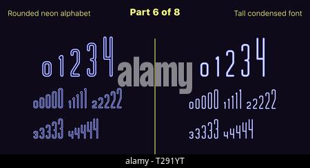 Néon bleu condensée font, arrondies. Polices vectorielles décrites et rempli de styles, partie 6 de 8. Alphabet majuscule au néon avec des lettres, numbe Illustration de Vecteur