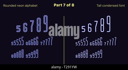 Néon bleu condensée font, arrondies. Polices vectorielles décrites et rempli de styles, partie 7 de 8. Alphabet majuscule au néon avec des lettres, numbe Illustration de Vecteur