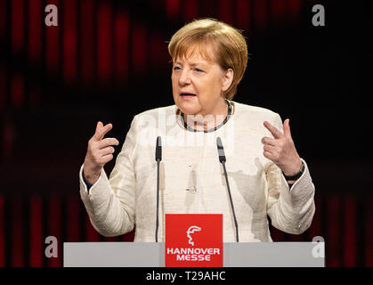 Hanovre, Allemagne. Mar 31, 2019. 31 mars 2019, Hanovre, Basse-Saxe : la Chancelière Angela Merkel (CDU) prend la parole lors de la cérémonie d'ouverture de la Hannover Messe 2019. Photo : Friso Gentsch/dpa dpa : Crédit photo alliance/Alamy Live News Banque D'Images