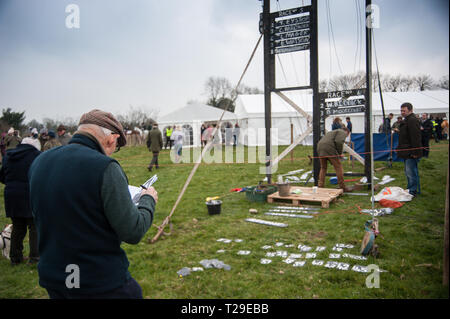 Cotley, blettes, Somerset, Royaume-Uni. Mar 31, 2019. Une course goer vérifie son programme en tête de la course à la recherche de conseils d'Cotley Point-à-point réunion de courses. Crédit : David Partridge/Alamy Live News Banque D'Images