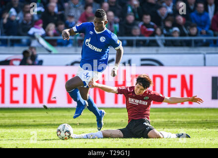 Hanovre, Allemagne. Mar 31, 2019. Schalke 04 Grosse Caye Breel (Haut) le dispute à Hanovre 96's Genki Haraguchi lors d'un match de Bundesliga allemande entre Hanovre 96 et le FC Schalke 04, à Hanovre, en Allemagne, le 31 mars 2019. Schalke 04 a gagné 1-0. Crédit : Kevin Voigt/Xinhua/Alamy Live News Banque D'Images