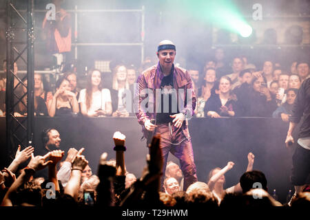 Norvège, Oslo - Mars 29, 2019. Le duo rap norvégien Karpe effectue un concert live de la Rockefeller à Oslo. Le duo composé des deux rappeurs, Magdi Omar Ytreeide Abdelmaguid (photo) et Chirag Rashmikant Patel. (Photo crédit : Gonzales Photo : Terje Dokken). Banque D'Images