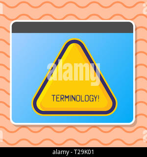 Écrit remarque montrant la terminologie. Concept d'affaires pour la collecte des termes utilisés par l'industrie étude profession différents jaune triangle blanc gaufré Banque D'Images