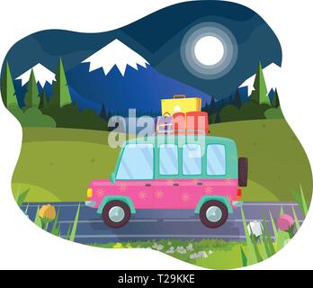 Location avec assurance sur prêt pour les vacances d'été et le camping. Bicorps conduite le long du paysage de montagnes de nuit. Moon Shining. Amis ou Fa Illustration de Vecteur