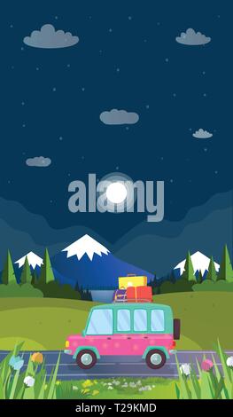 Voiture à hayon avec une assurance sur le toit roulant par route sur Nighty fond paysage avec Montagnes, Lac et des sapins à l'heure d'été. Voyager en famille. Illustration de Vecteur