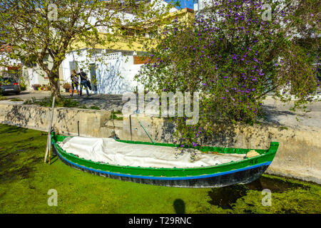 Valence, El Palmar, Parc naturel d'Albufera, canal avec bateau de pêche, village espagnol de Valence Banque D'Images