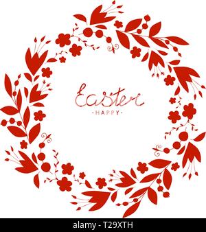 Composition de Pâques dessiné à la main. Joyeuses Pâques. Le lettrage. Couronne rouge de décoration avec des feuilles de petits fruits et de fleurs. EPS 10 Illustration de Vecteur