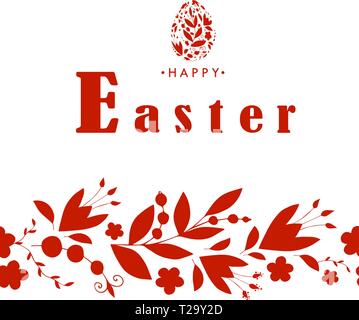 Carte de Pâques dans un style dessiné à la main avec des fleurs rouge baies et feuilles. Joyeuses Pâques. Pinceau florale. EPS 10 Illustration de Vecteur