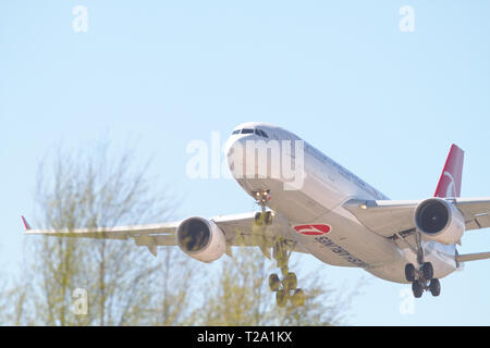 Turkish Airlines Airbus A330-223 volant bas au-dessus des arbres, la préparation à la terre dans l'aéroport d'Helsinki-Vantaa. 09.05.2018 Vantaa, Finlande Banque D'Images