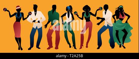 Salsa Party Time. Groupe de trois hommes et quatre femmes danser la musique latine. Deux jeunes filles, jouant des maracas et l'homme jouant les Claves. Illustration de Vecteur